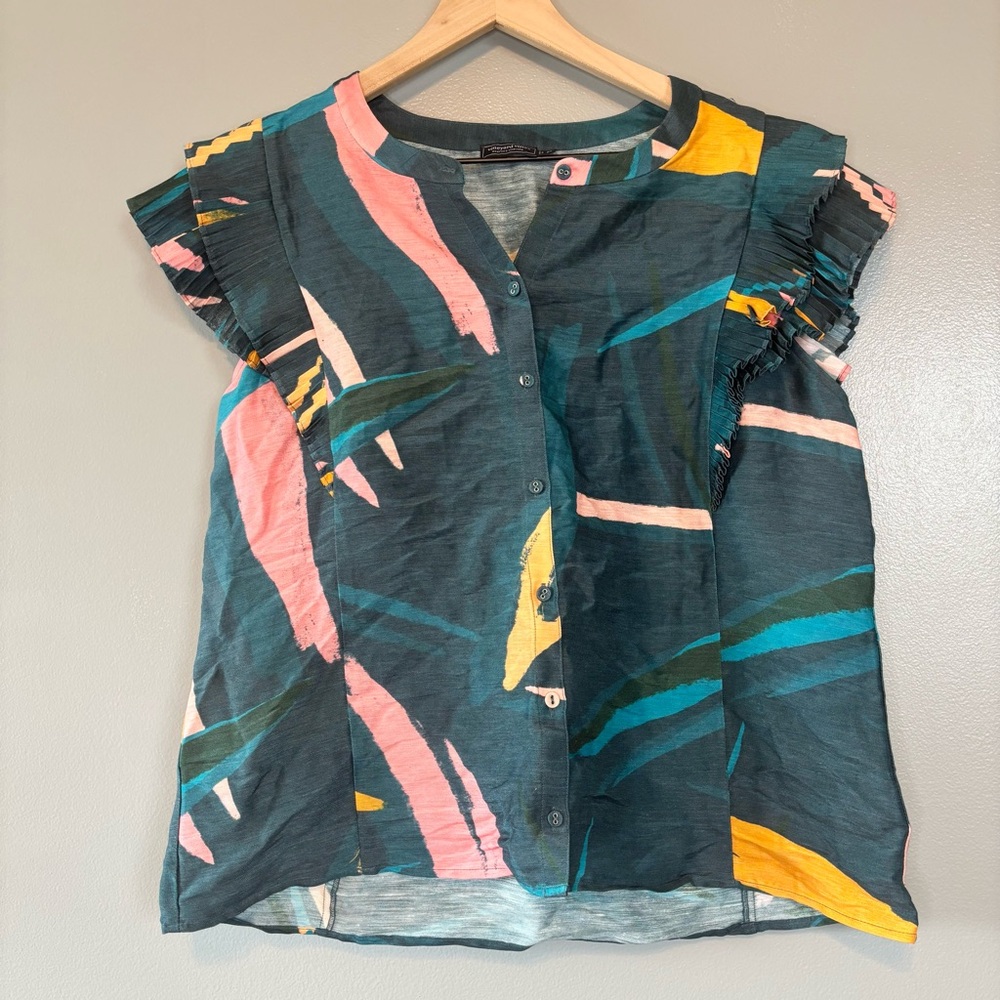 Vineyard Vines Medium Linen Silk Blend Flutter Sleeve Pintuck Top Tropical Blue